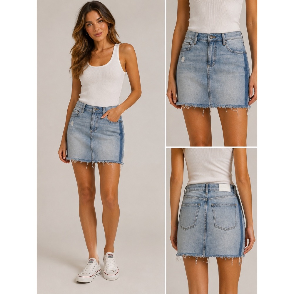 Pistola Denim Mini Skirt Light Wash Side Stripe Distressed Raw Hem Size 28